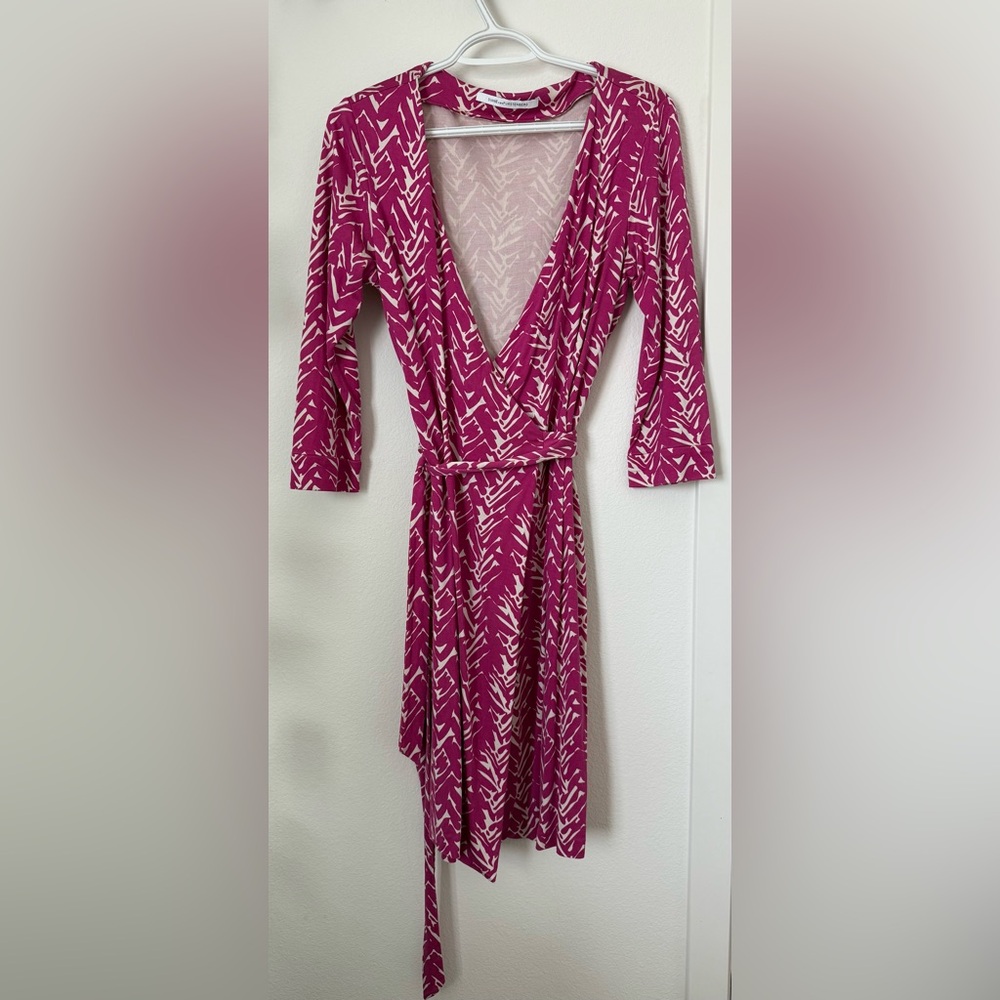 Diane Von Furstenberg Pink and Cream Printed Wrap Dress